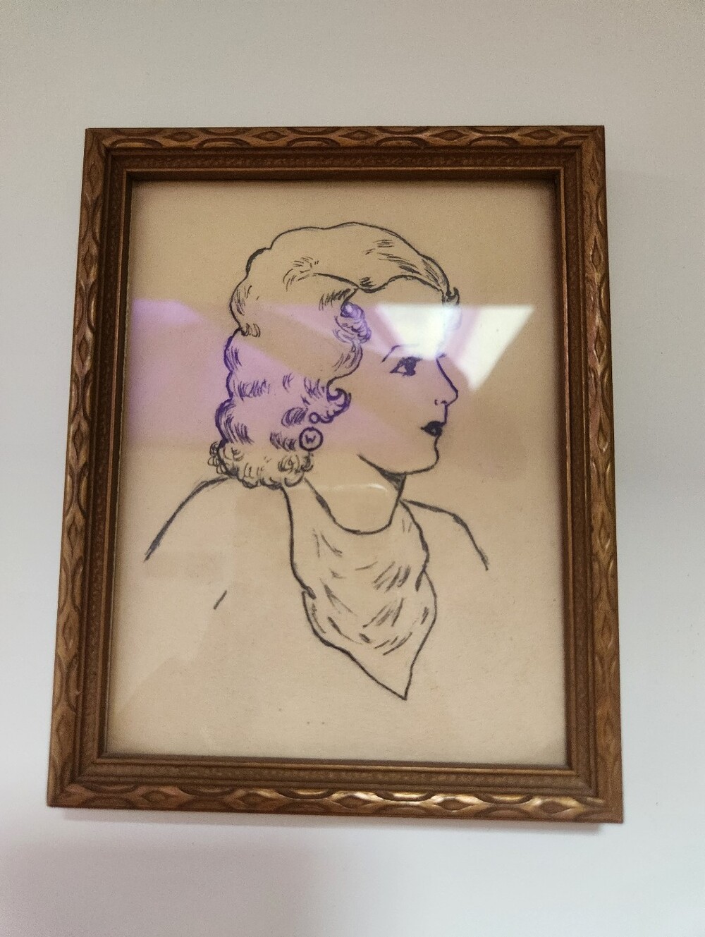 Vintage Framed Lady Portrait Print Mid Century Wall Art Wood Frame Retro Decor